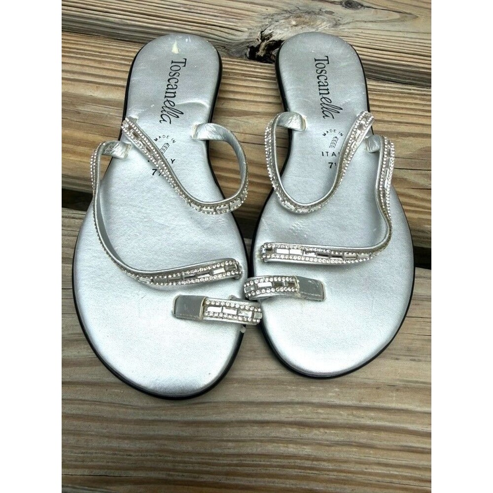 Toscanella Silver Rhinestone Thong Sandals Women's 7.5 Made Italy Leather Flat